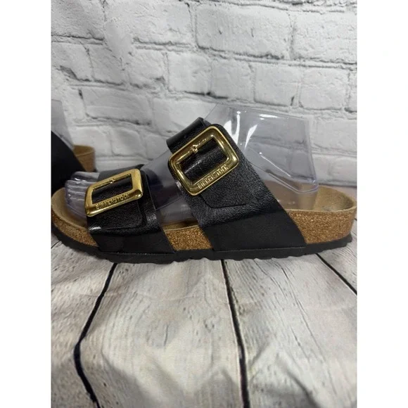 Birkenstock Arizona Big Gold Buckle Sandals Black Leather EU 40 W 9.5 EXCELLENT - Picture 3 of 9